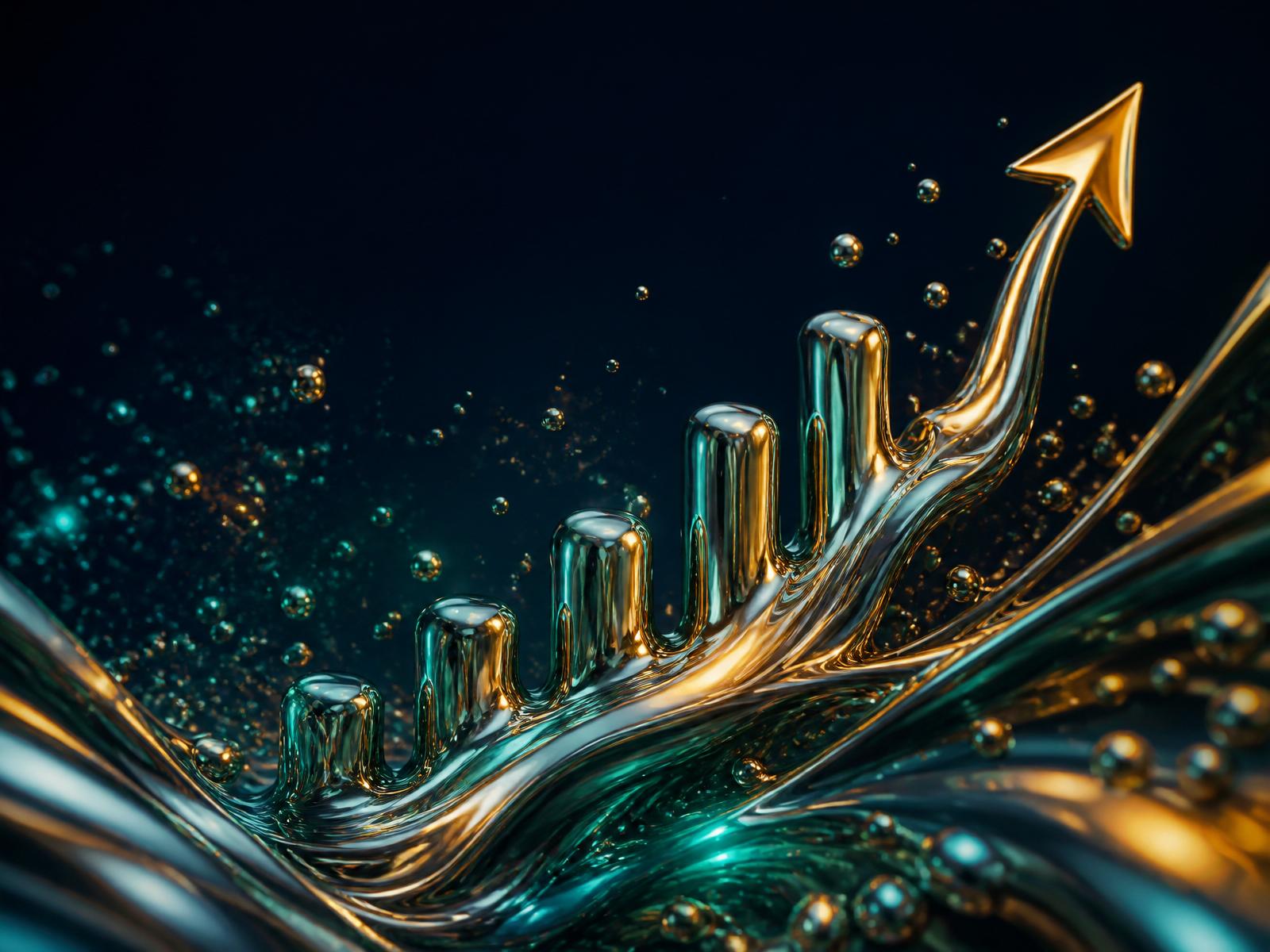 Abstract visualization of a rising financial chart in liquid metal
